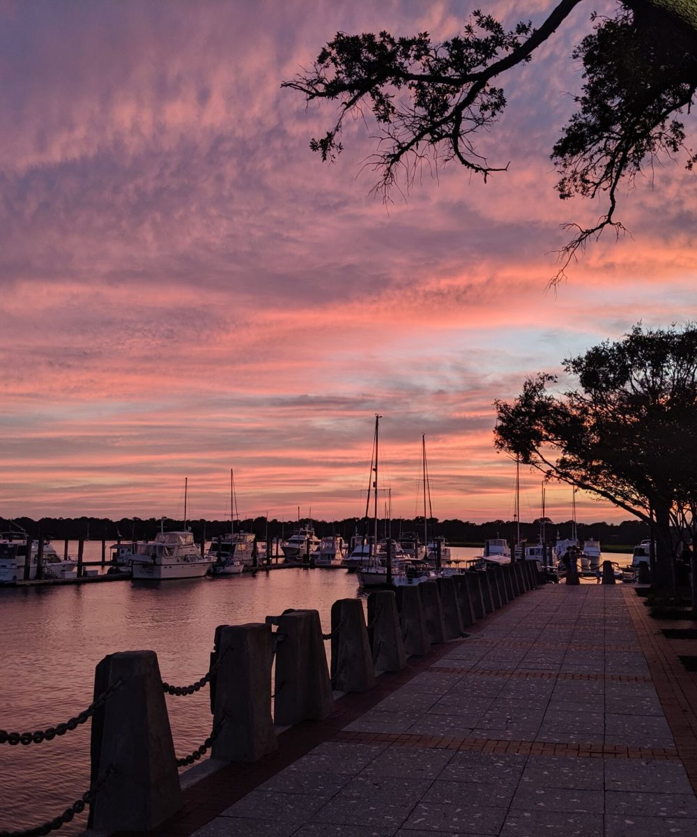 A scenic view of Henry C Chambers Waterfront Park during golden hour in Beaufort, SC.